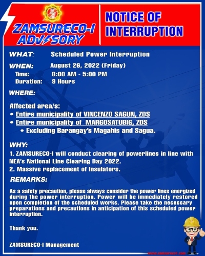 Scheduled Power Interruption (August 26, 2022) between 8:00 am to 5:00 pm