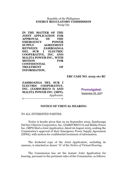 NOTICE OF VIRTUAL HEARING IN CONNECTION WITH ERC CASE NO. 2025-161 RC