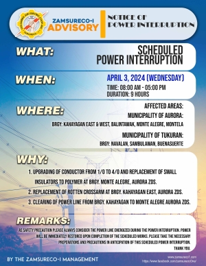 SCHEDULE POWER INTERRUPTION (APRIL 3, 2024) between 8:00 AM - 5:00 PM