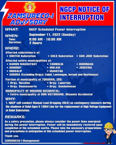 NGCP Scheduled Power Interruption (September 11, 2022) between 8:00 am to 10:00 am