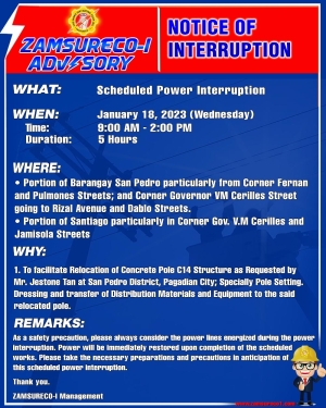 Scheduled Power Interruption (January 18, 2023) between 9:00 AM - 2:00 PM