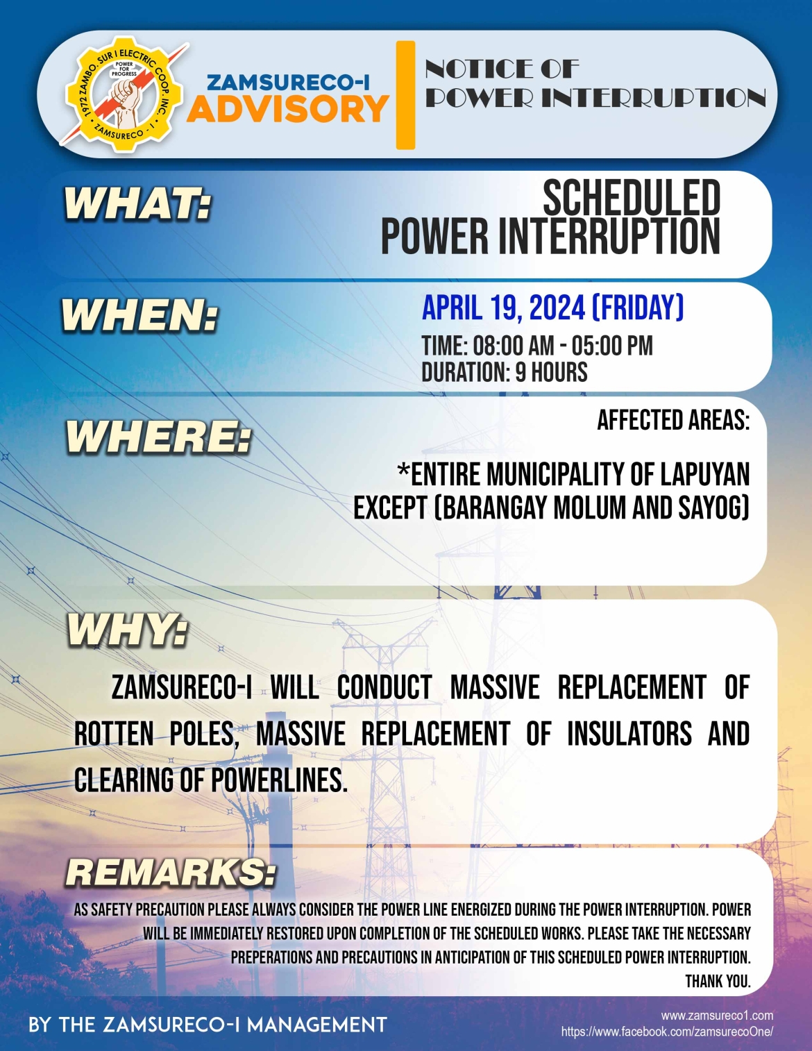 SCHEDULE POWER INTERRUPTION (APRIL 19, 2024) between 8:00 AM - 5:00 PM