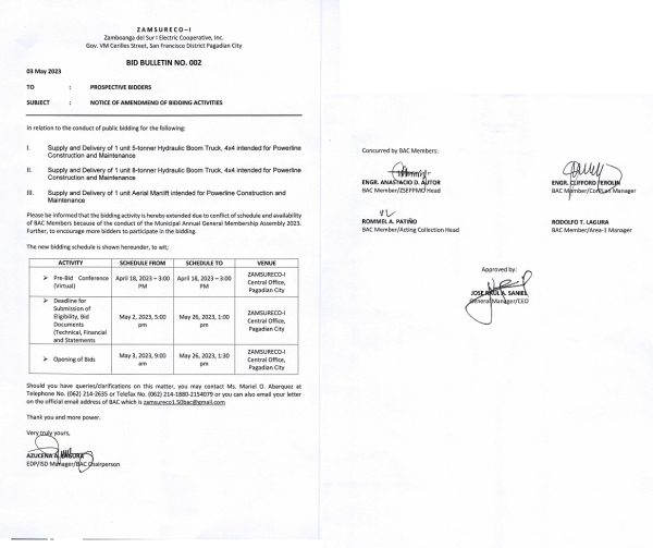 BID BULLETIN NO 002-NOTICE OF AMENDMENT OF BIDDING ACTIVITIES