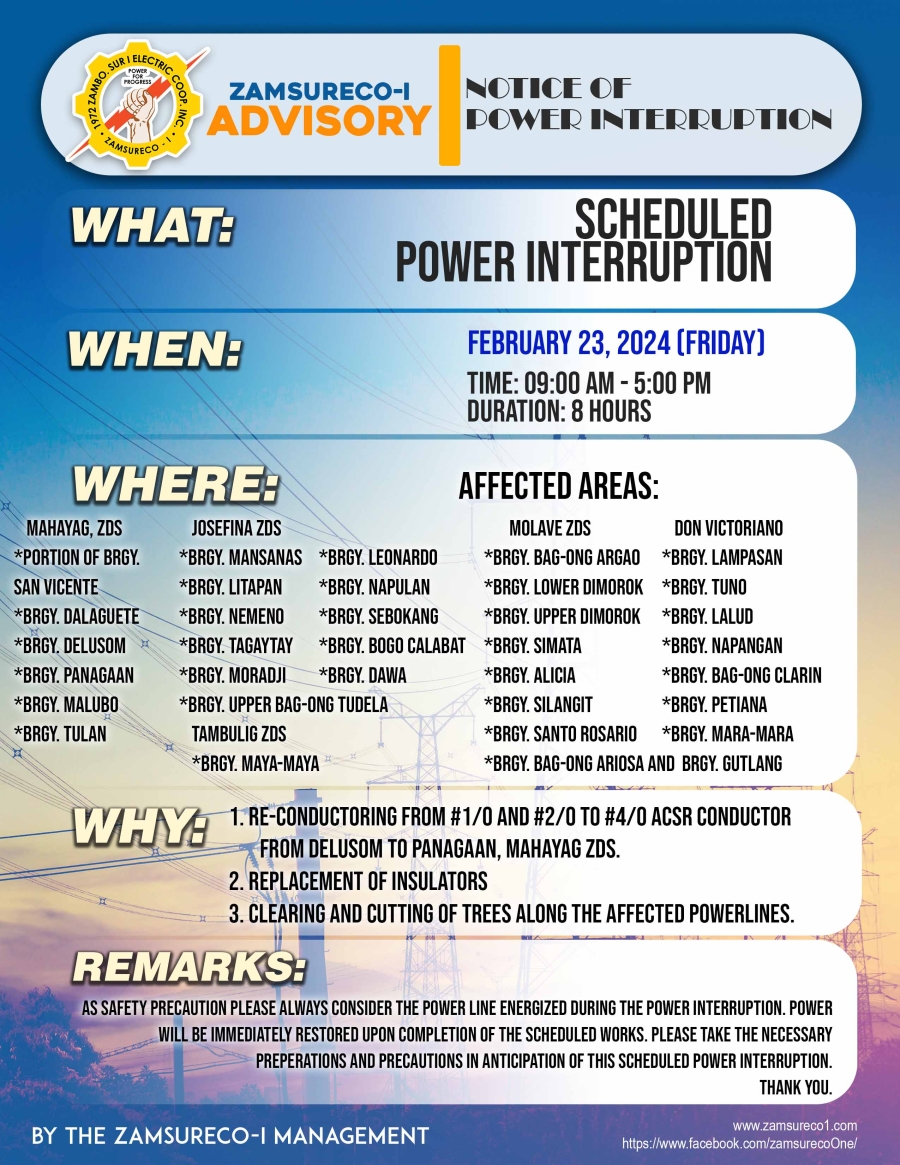 SCHEDULE POWER INTERRUPTION (February 23, 2024) between 9:00 AM - 5:00 PM