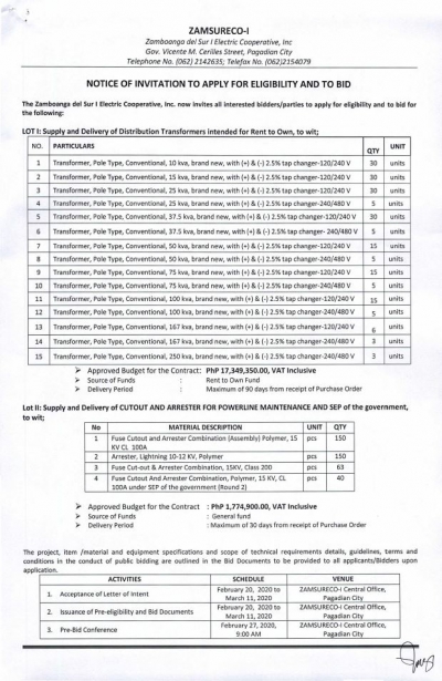 Supply and Delivery: 1) Distribution Transformers intended for Rent To Own 2) Cutout and Arrester for Powerline Maintenance and SEP of the government
