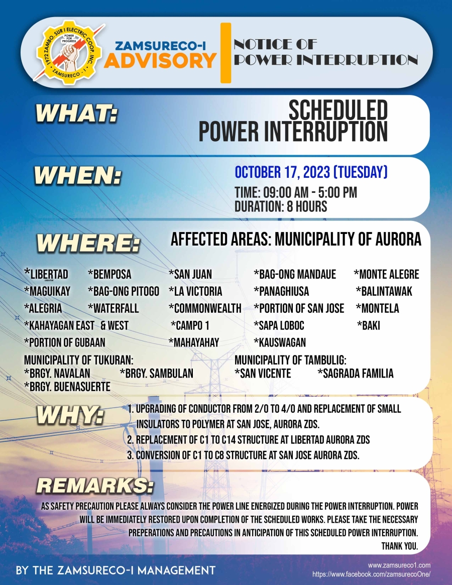 SCHEDULE POWER INTERRUPTION (OCTOBER 17, 2023) between 9:00 AM - 5:00 PM