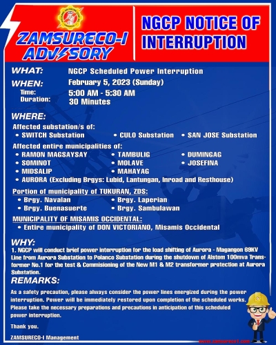 NGCP Scheduled Power Interruption (February 5, 2023) between 5:00 AM - 5:30 AM