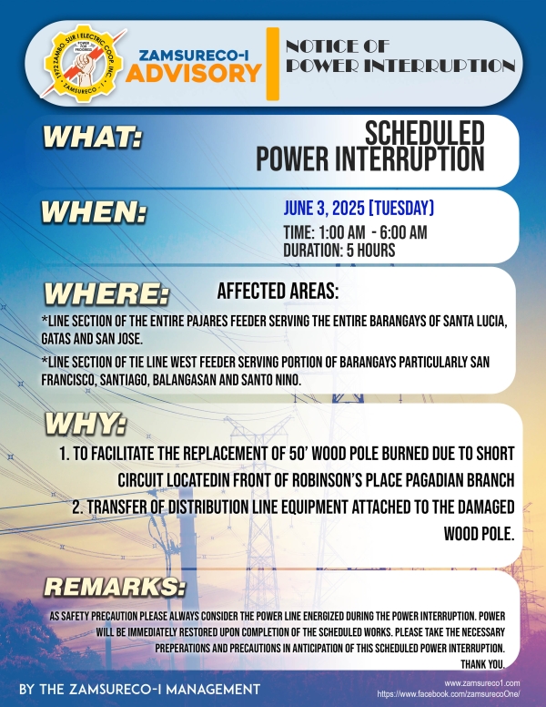 SCHEDULE POWER INTERRUPTION JUNE 3, 2025) between 1:00 AM - 6:00 AM