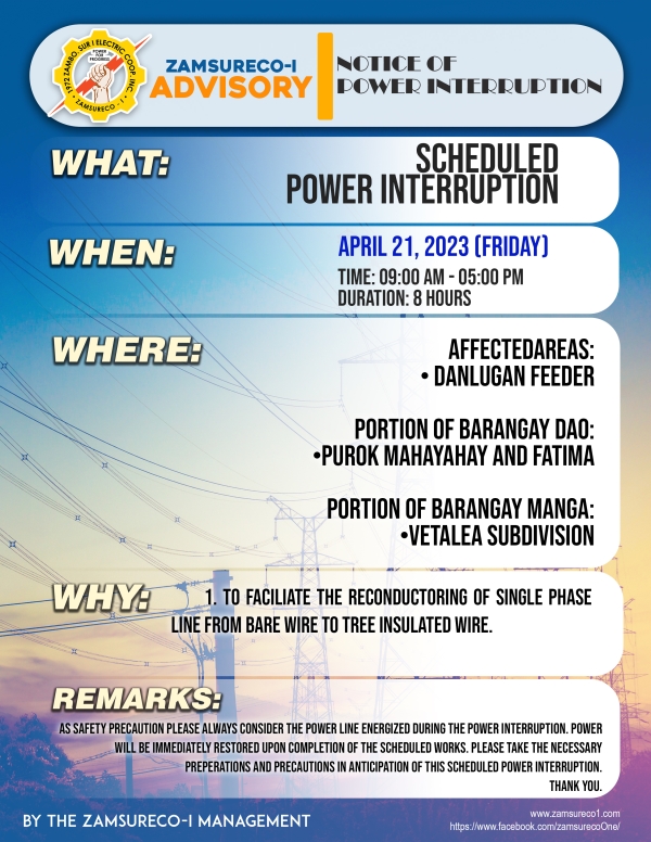 Scheduled Power Interruption (April 21, 2023) between 9:00 AM - 5:00 PM,