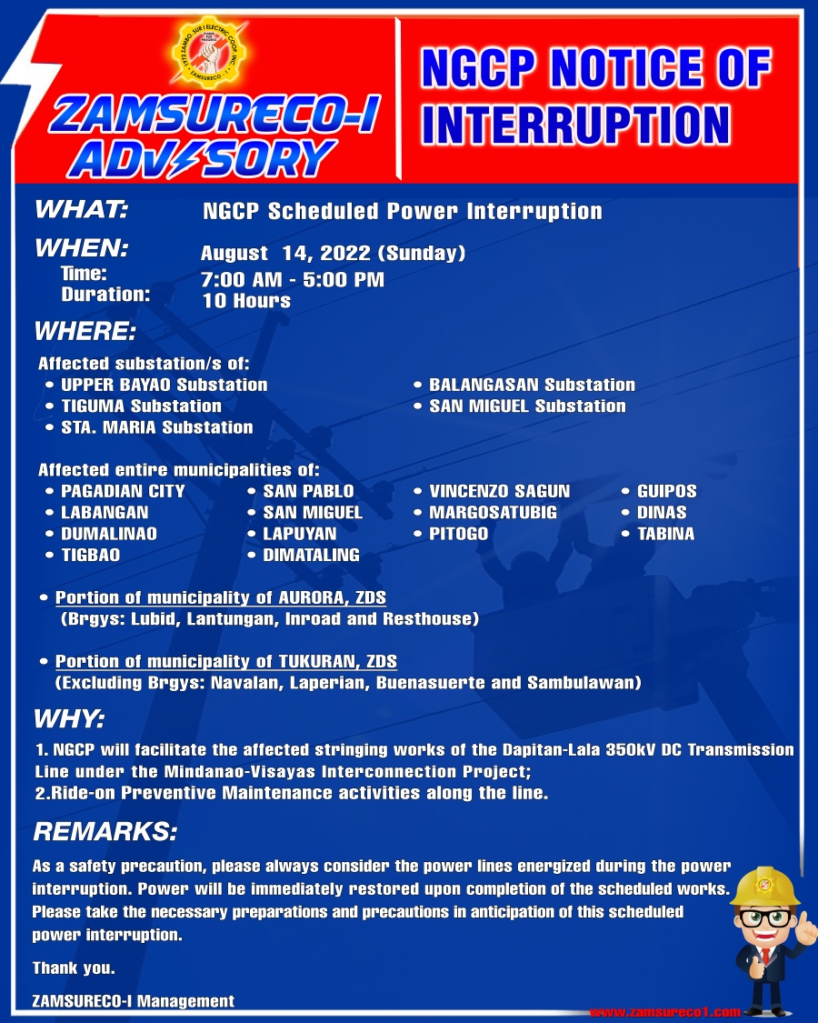 NGCP Scheduled Power Interruption (August 14, 2022) between 7:00 am to 5:00 pm