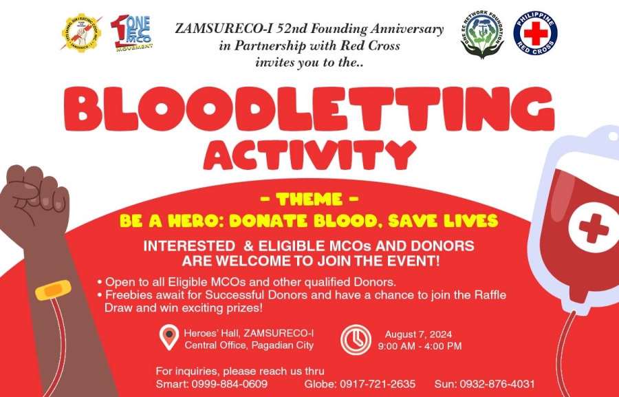 ZAMSURECO-I BLOODLETTING ACTIVITY on August 7, 2024, WEDNESDAY , 7:00AM-5:00 PM