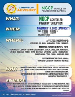 NGCP SCHEDULE POWER INTERRUPTION (NOVEMBER 11, 2023) between 7:30 AM TO 8:00 AM &amp; 11:30 AM TO 12:00NN