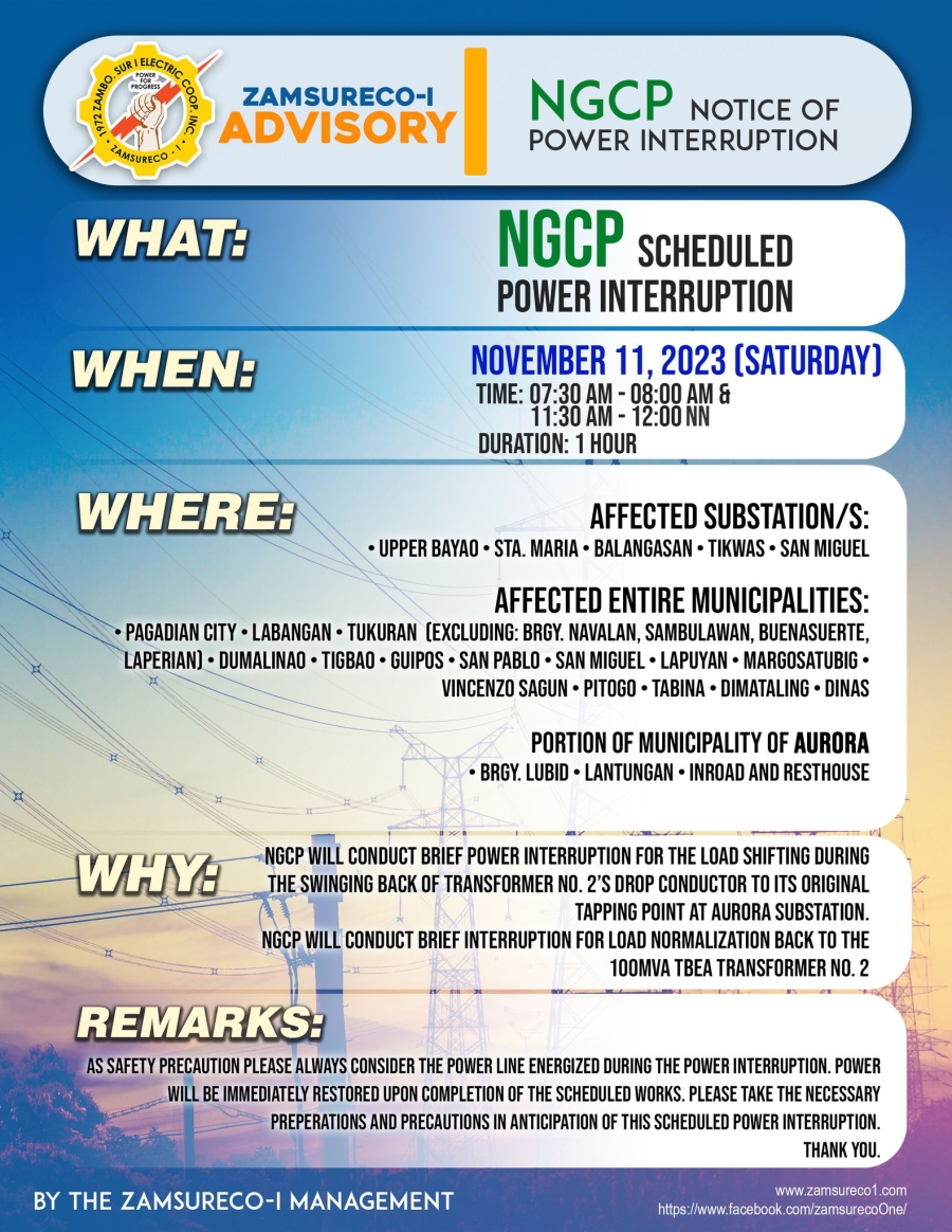 NGCP SCHEDULE POWER INTERRUPTION (NOVEMBER 11, 2023) between 7:30 AM TO 8:00 AM &amp; 11:30 AM TO 12:00NN