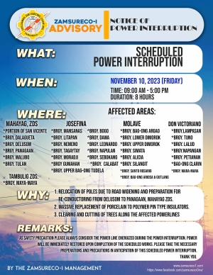 SCHEDULE POWER INTERRUPTION (NOVEMBER 10, 2023) between 9:00 AM - 5:00 PM