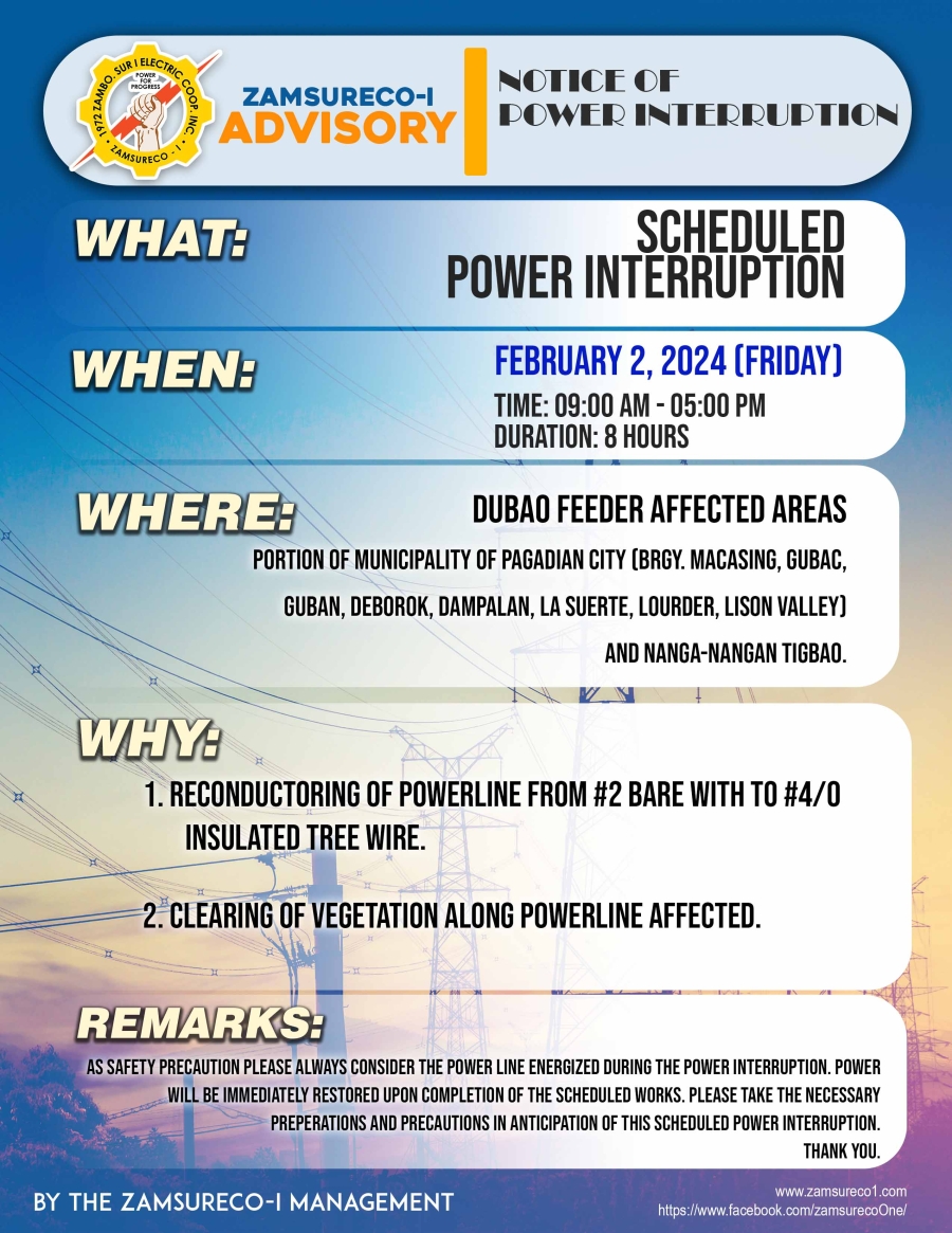 SCHEDULE POWER INTERRUPTION (February 2, 2024) between 9:00 AM - 5:00 PM