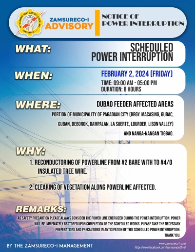 SCHEDULE POWER INTERRUPTION (February 2, 2024) between 9:00 AM - 5:00 PM