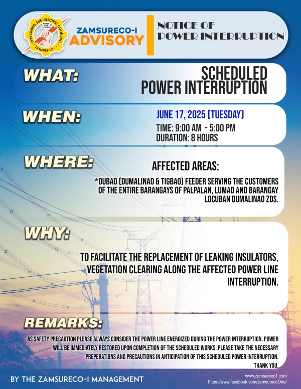 SCHEDULE POWER INTERRUPTION JUNE 17, 2025) between 9:00 AM - 5:00 PM