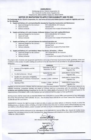 NOTICE OF INVITATION TO APPLY FOR ELIGIBILITY AND TO BID (Publication Date: September 8, 2023)