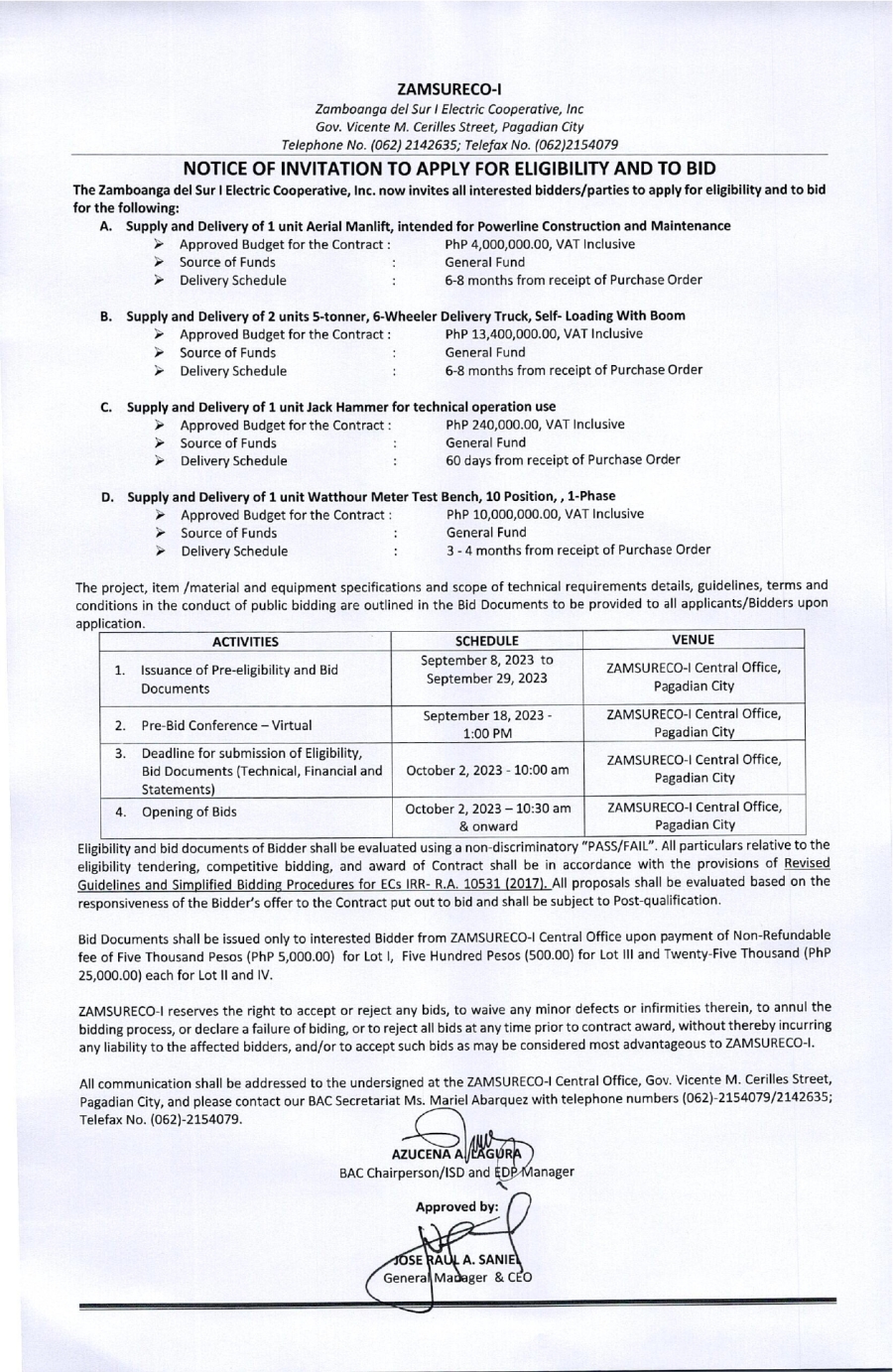 NOTICE OF INVITATION TO APPLY FOR ELIGIBILITY AND TO BID (Publication Date: September 8, 2023)