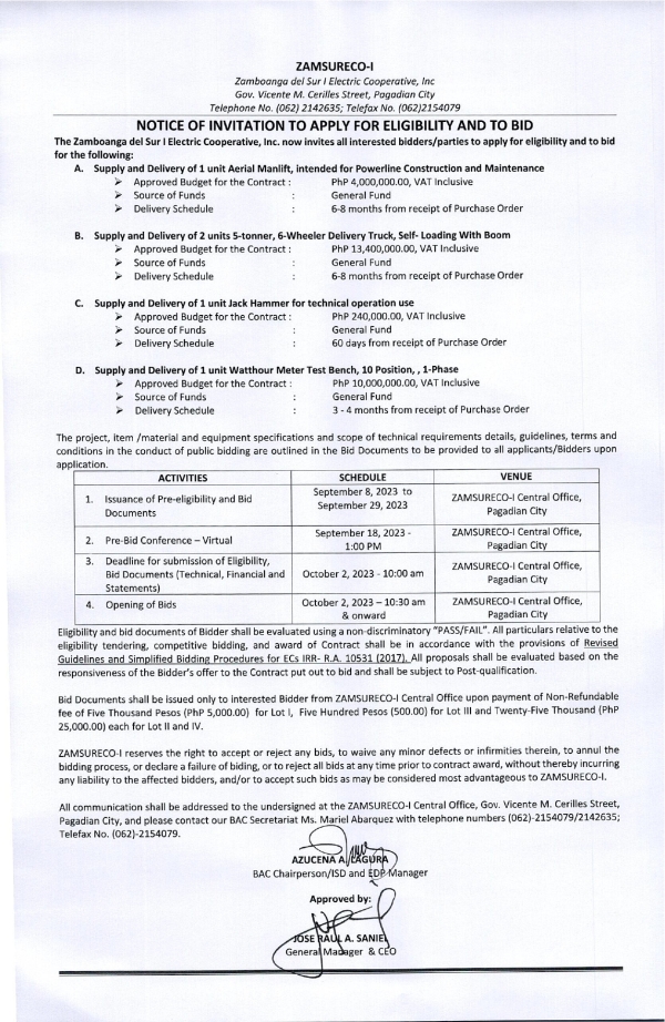 NOTICE OF INVITATION TO APPLY FOR ELIGIBILITY AND TO BID (Publication Date: September 8, 2023)