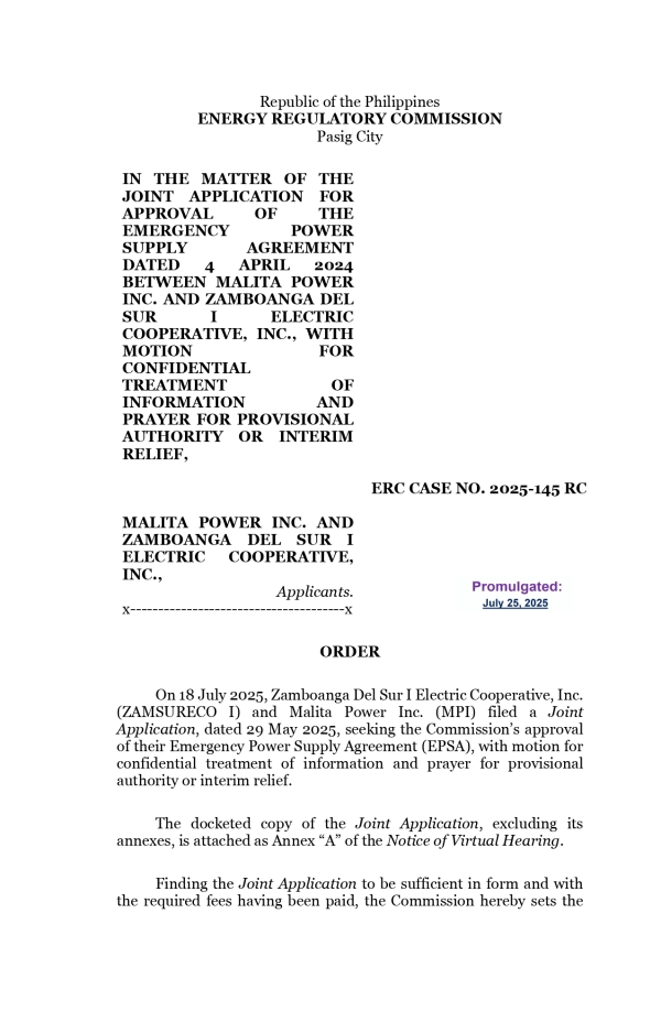 NOTICE OF ORDER IN THE MATTER OF THE JOINT APPLICATION BETWEEN ZAMSURECO-I AND MALITA POWER