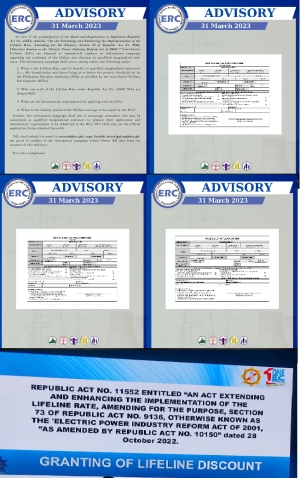 THE REPUBLIC ACT NO. 11552 entitled “AN ACT EXTENDING AND ENHANCING THE IMPLEMENTATION OF THE LIFELINE RATE, AMENDING FOR THE PURPOSE SECTION 73 OF R.A NO. 9136, OTHERWISE KNOWN AS THE ELECTRIC POWER INDUSTRY REFORM ACT OF 2001