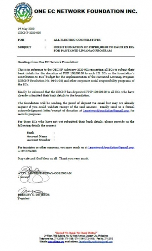 One EC Network Foundation Inc. has donated P100,000 121 ECs