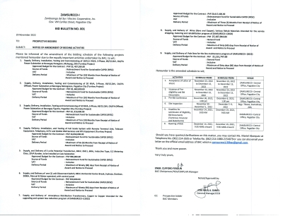 BID BULLETIN NO 001-NOTICE OF AMENDMENT OF BIDDING ACTIVITIES