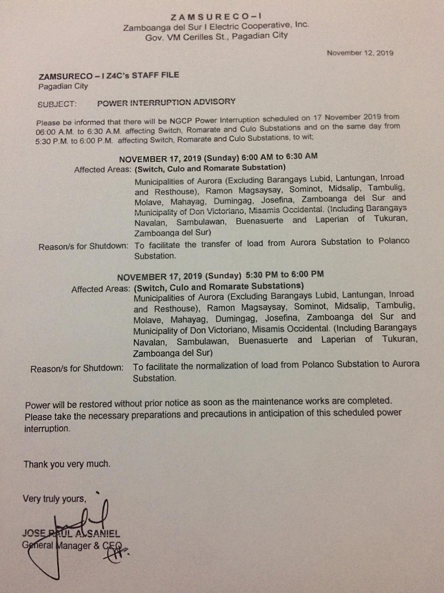 NGCP Scheduled Power Interruption (November 17, 2019)