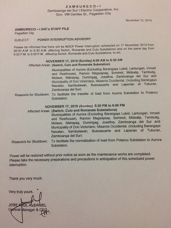 NGCP Scheduled Power Interruption (November 17, 2019)