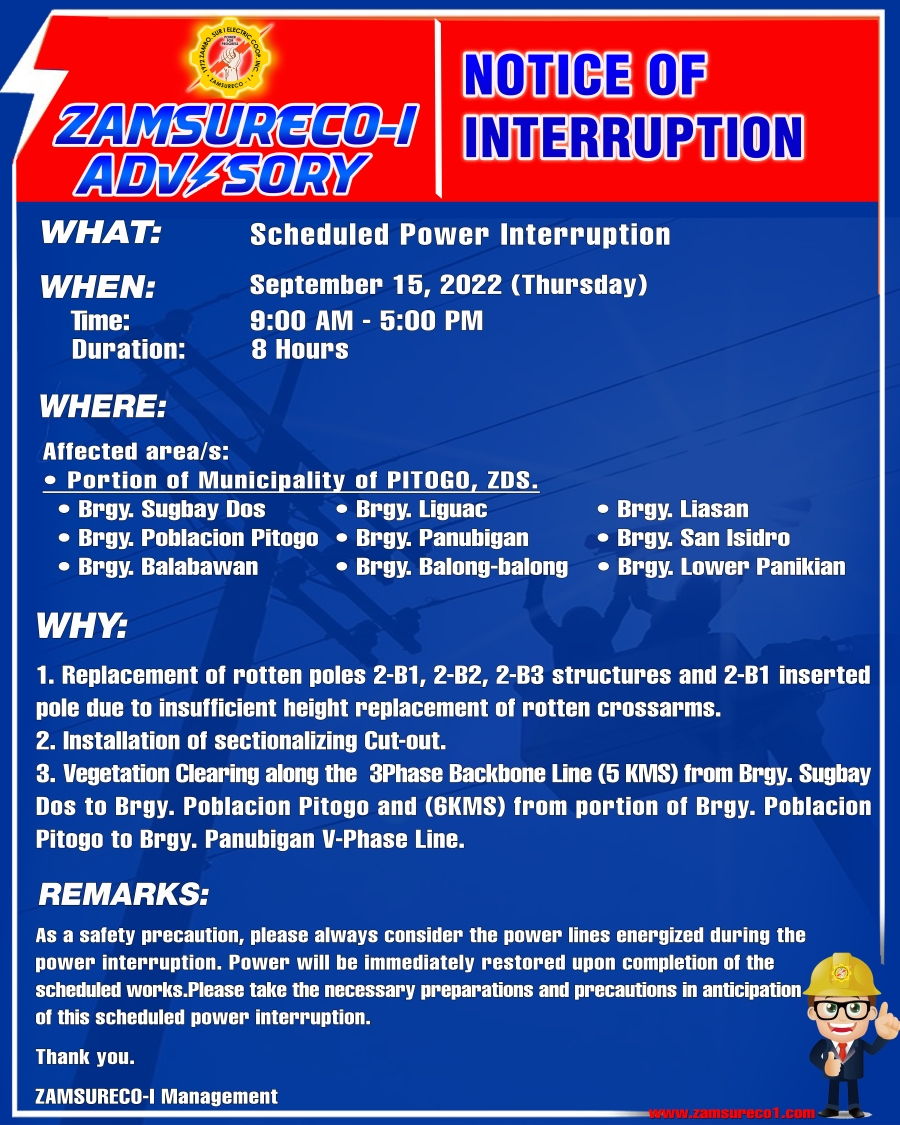 Scheduled Power Interruption (SEPTEMBER 15, 2022) between 9:00 AM - 5:00 PM