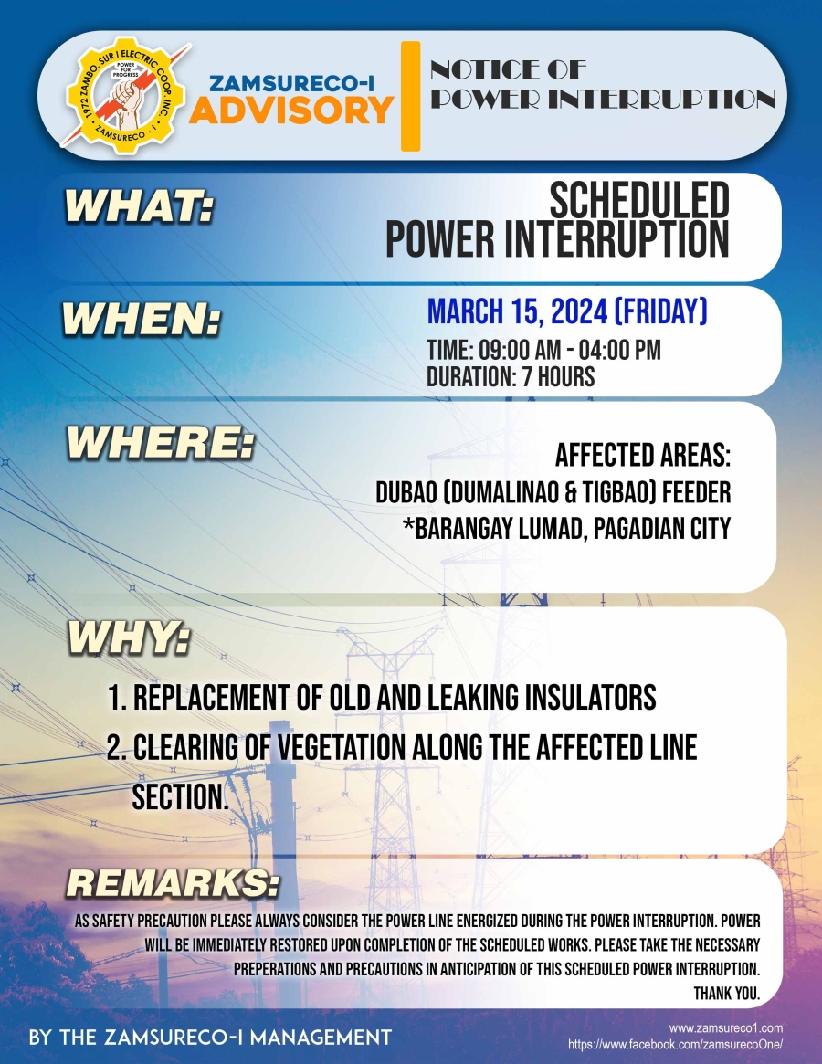 SCHEDULE POWER INTERRUPTION (March 15, 2024) between 9:00 AM - 4:00 PM