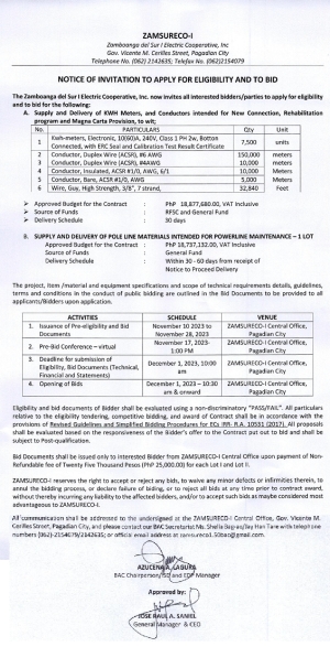 NOTICE OF INVITATION TO APPLY FOR ELIGIBILITY AND TO BID (Publication Date: NOVEMBER 10, 2023)