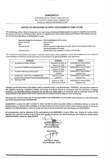 NOTICE OF INVITATION TO APPLY FOR ELIGIBILITY AND TO BID (Publication Date: DECEMBER 29, 2025)