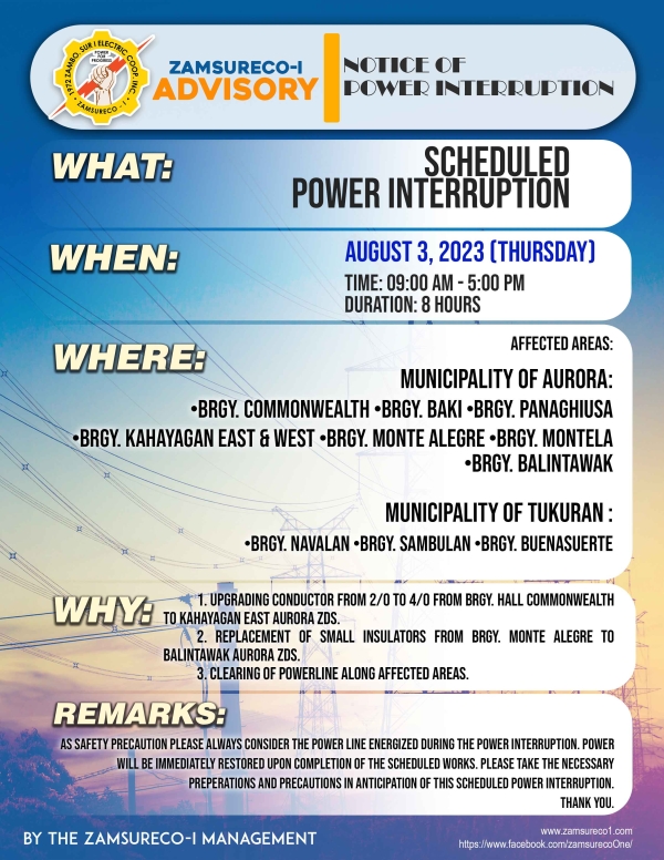 Schedule Power Interruption (AUGUST 3, 2023) between 9:00 AM - 5:00 PM